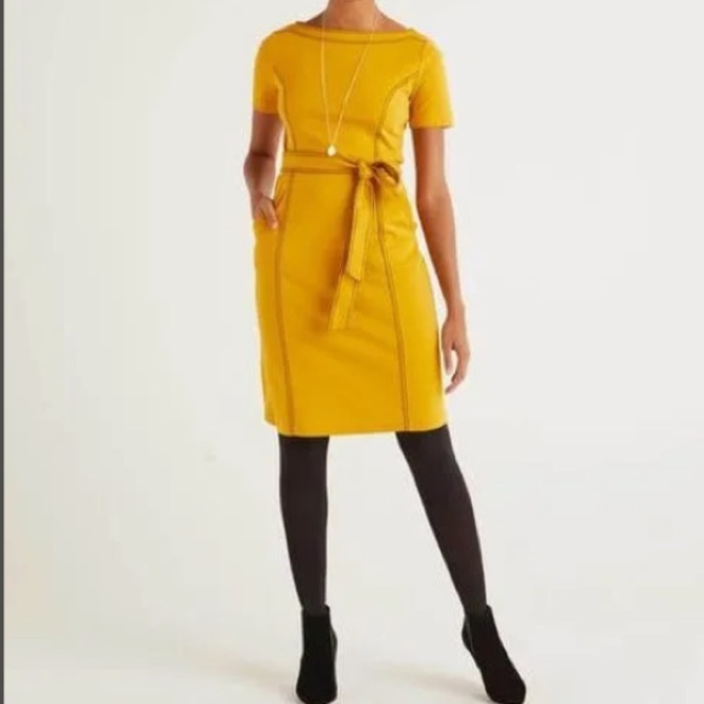 Boden Chartreuse Yellow Cotton Rebecca Ponte Tie Black Stitching Dress 2